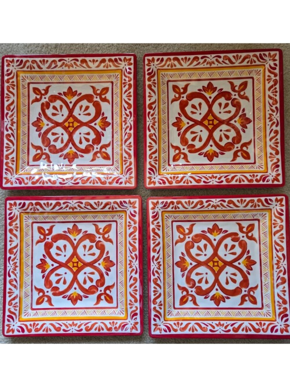 4 Bobby Flay Melamine 10.5” Square Plates Orange Yellow White